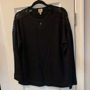 Como Vintage Black shirt with see-through lace shoulders and lace yolk insert.